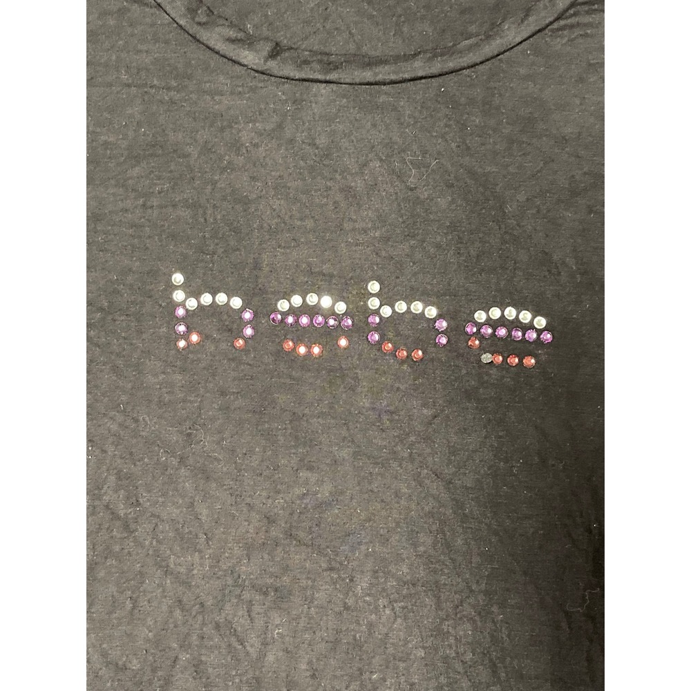 Bebe Womens Black Rhinestone Logo T-Shirt Short Sleeve Y2K Rayon Top Size M - Picture 3 of 9